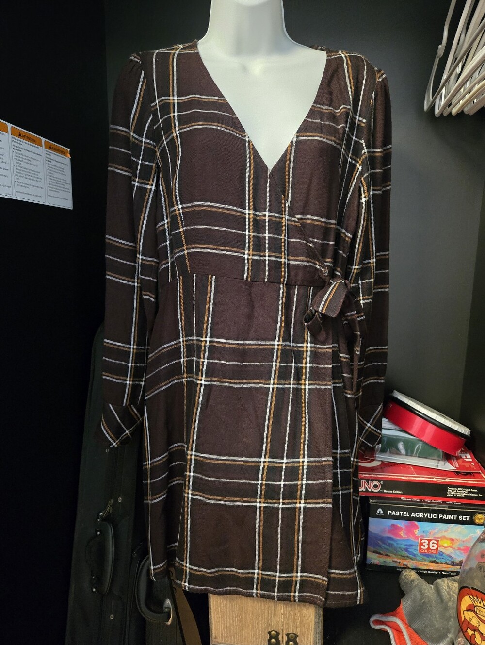 Sanctuary Plaid Long Sleeve Faux Wrap Mini Dress Brown Mustard Size 4